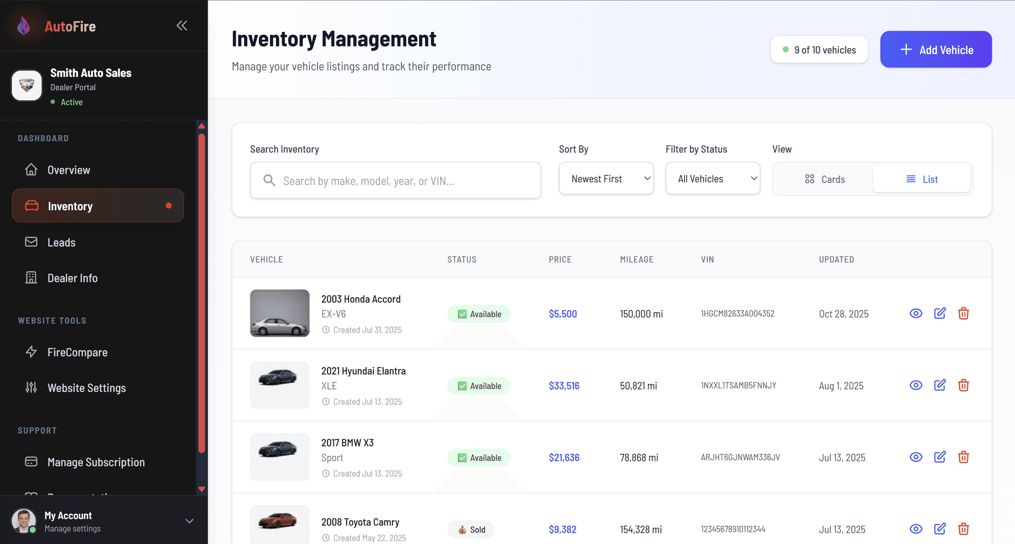 AutoFire dealer dashboard