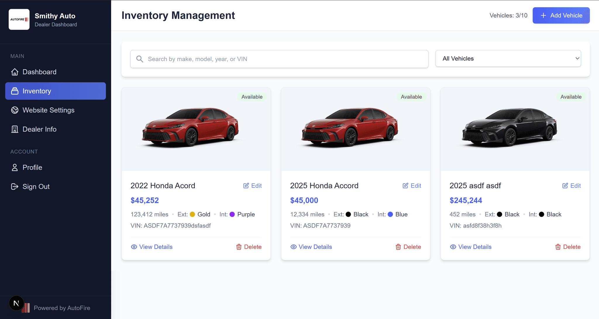 Vehicle listings in the AutoFire inventory dashboard