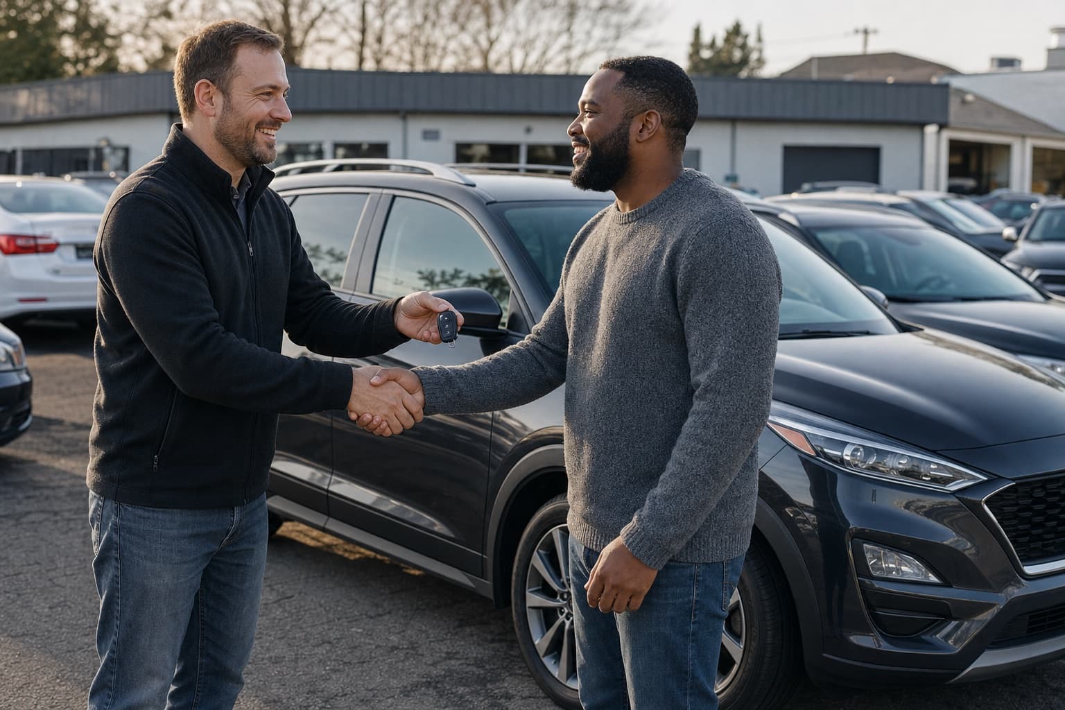 A dealer handing keys to a customer beside a vehicle at an independent dealership