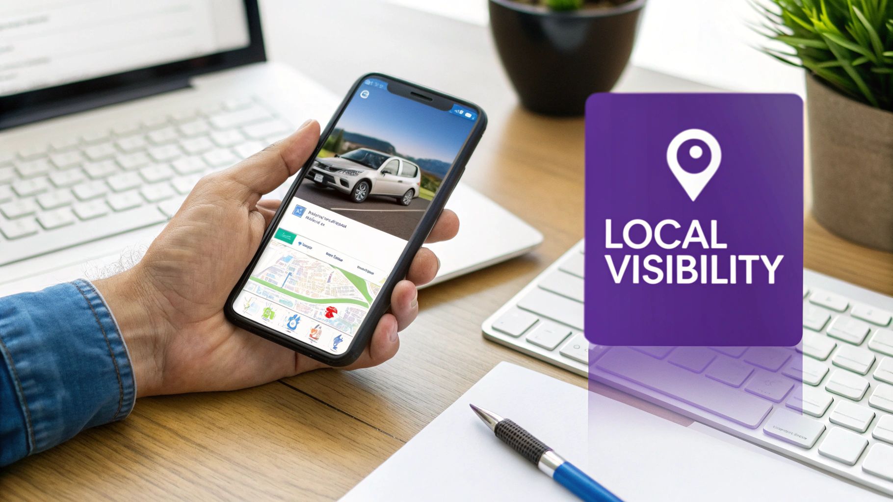 A hand holds a smartphone displaying a car sales app and a map, with a 'LOCAL VISIBILITY' sign nearby.