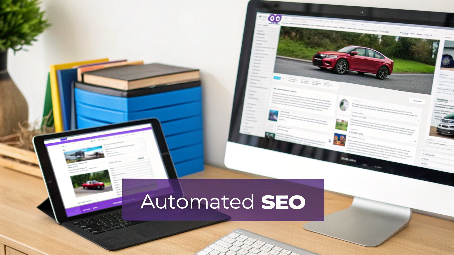 A desk setup with a computer and tablet displaying car dealership websites, highlighting automated SEO.