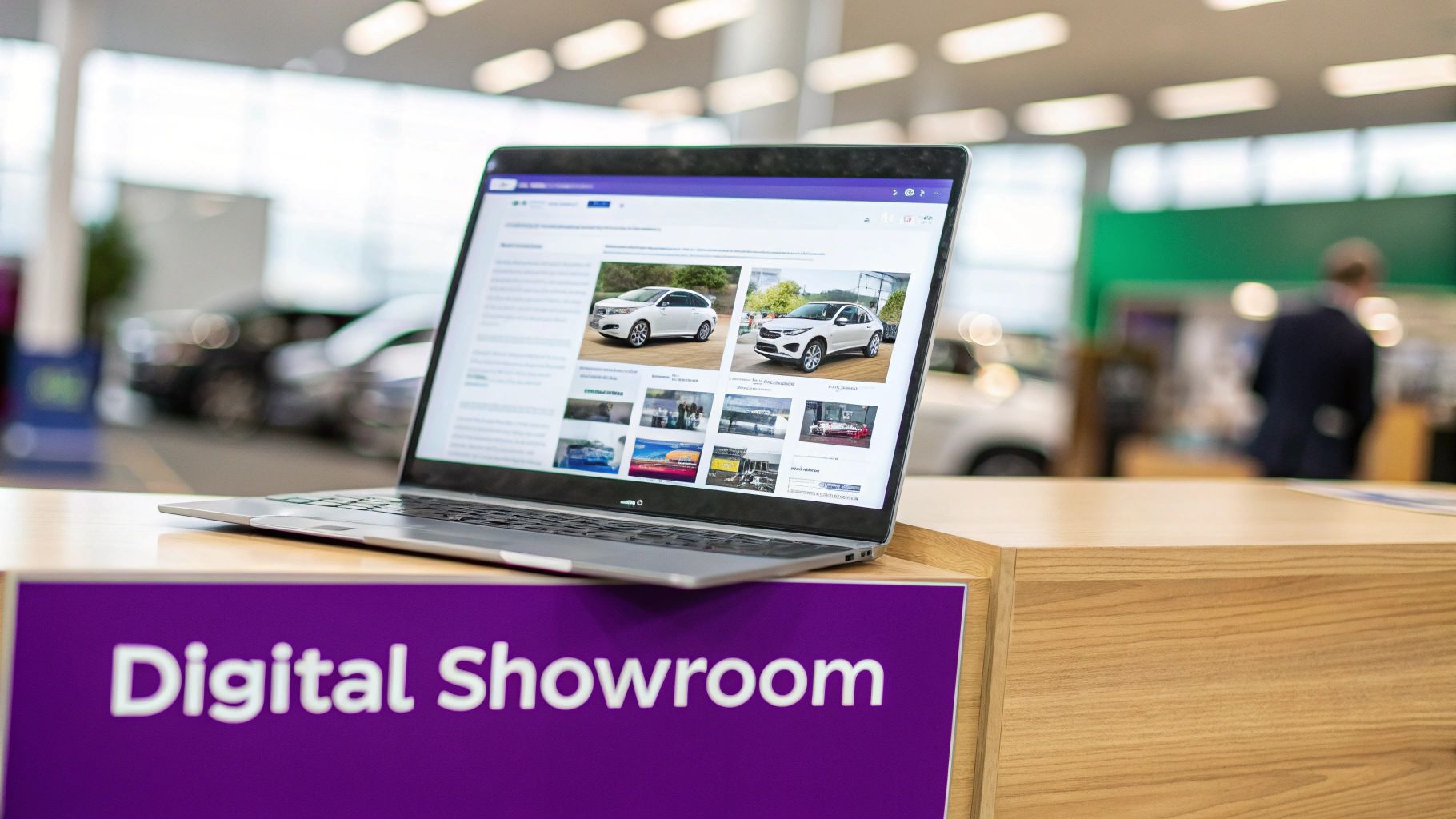 A laptop on a wooden counter displays a digital car showroom website, with a 'Digital Showroom' sign below.