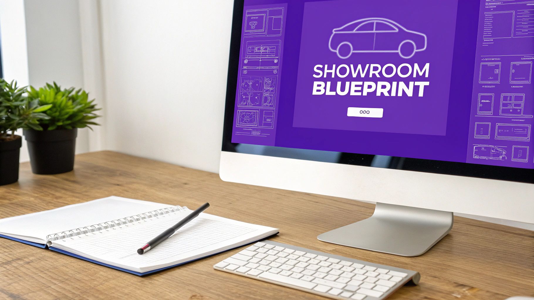 A computer screen displays a car showroom blueprint with a car outline, next to a notebook and plants on a wooden desk.
