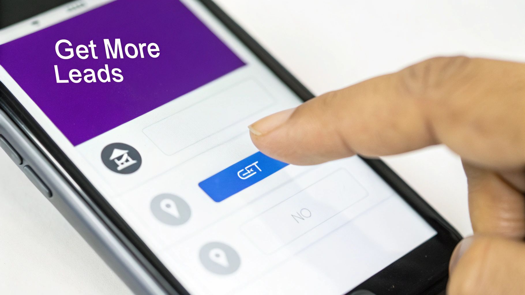 A hand taps a smartphone screen displaying 'Get More Leads' and a 'GET' button, illustrating digital lead generation.