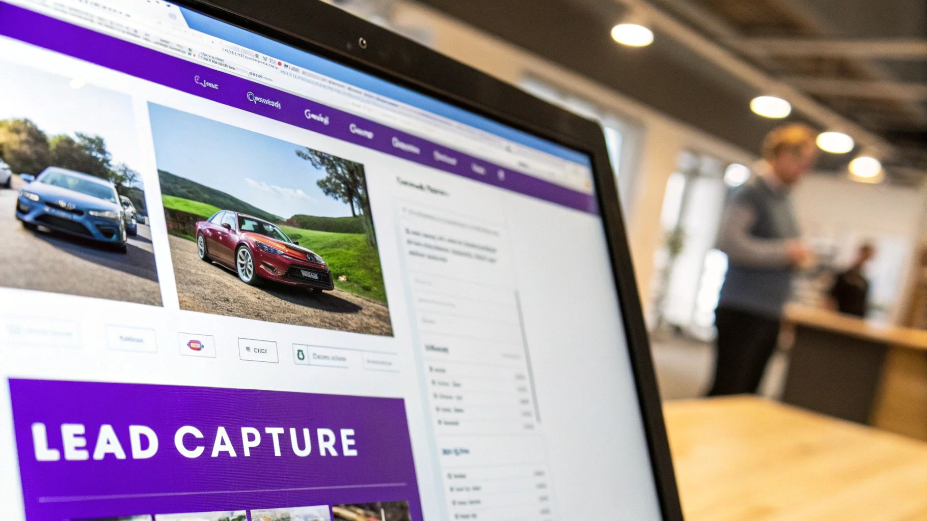 Close-up of a laptop screen displaying a car dealership website with two car images and lead capture section.