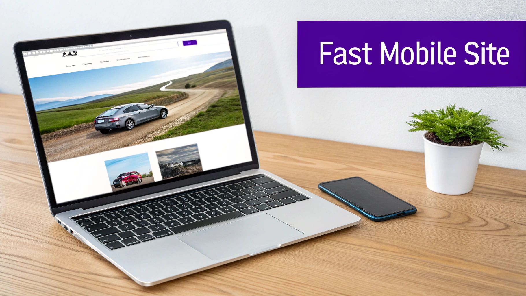 Modern workspace with laptop showing car website, smartphone, and plant, promoting fast mobile site.