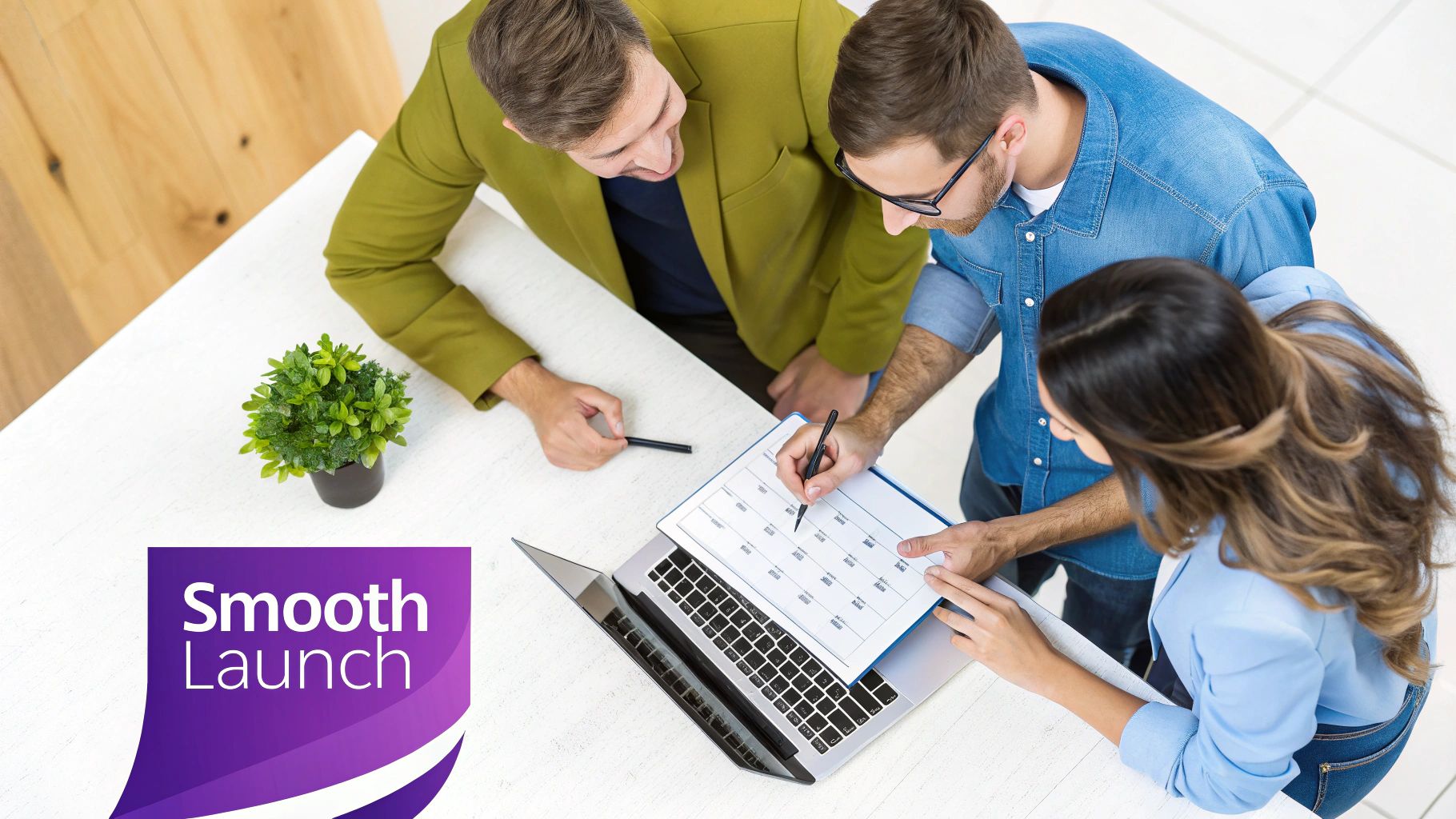 Three diverse professionals collaborate on project planning, reviewing documents and making notes at a white table.