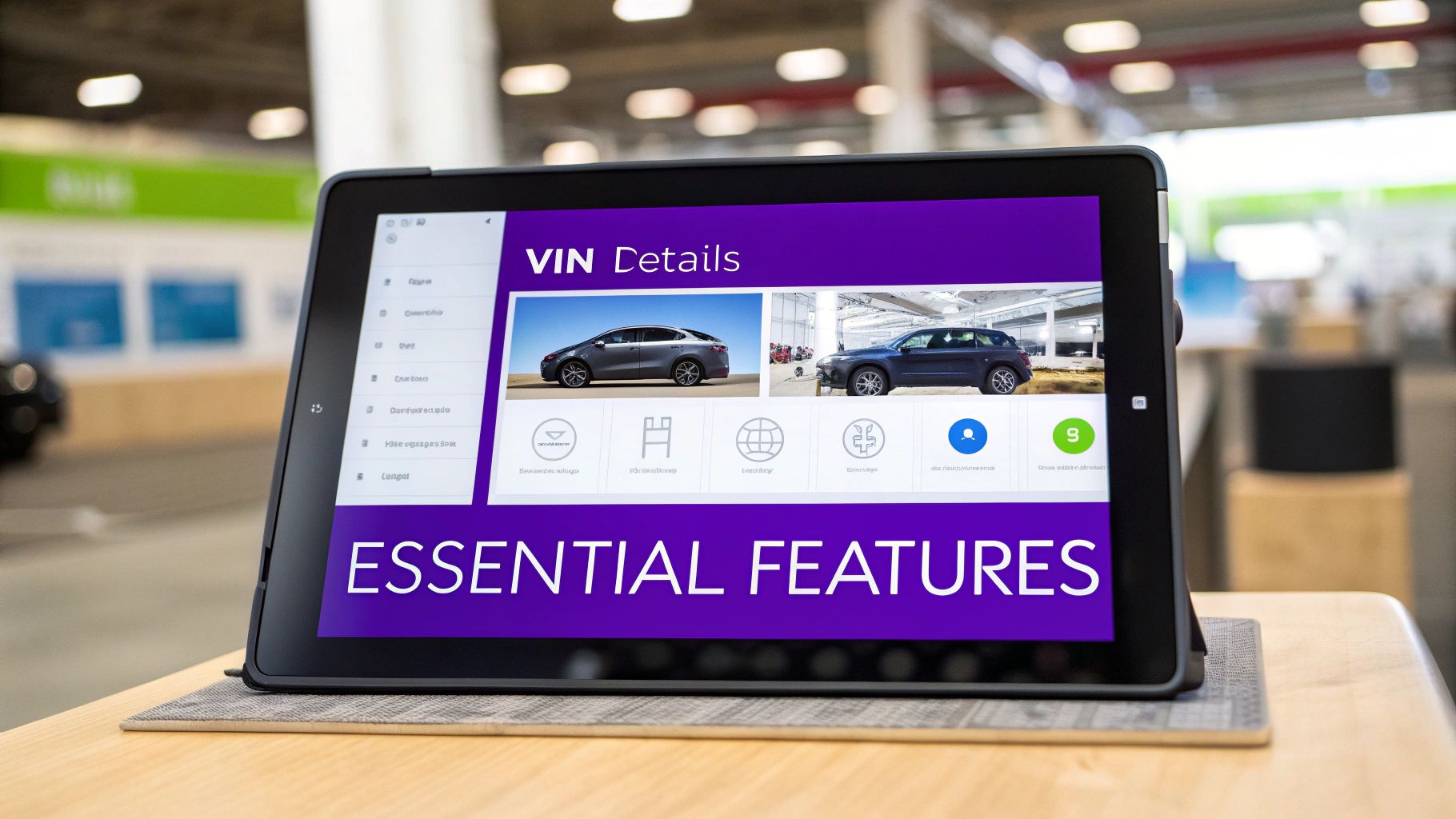 A tablet showing automotive inventory software with 'VIN Details' and 'ESSENTIAL FEATURES' in a car dealership.