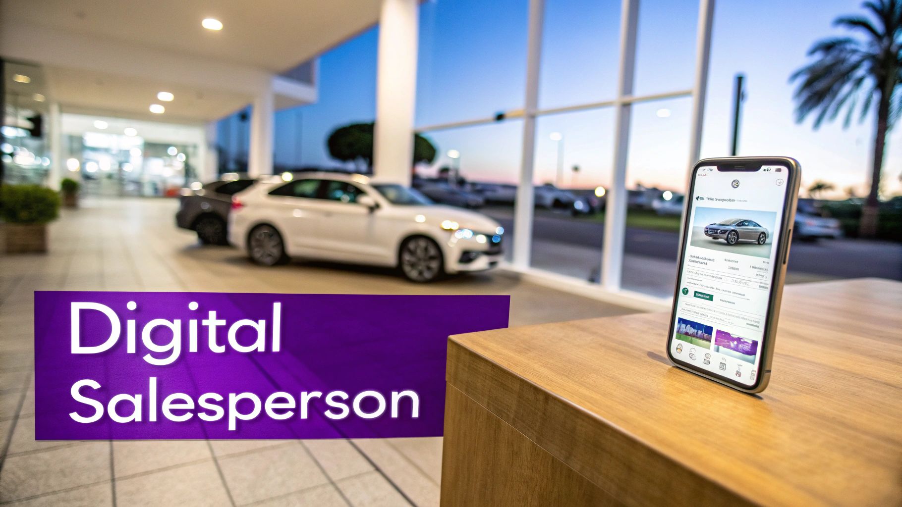 Smartphone displaying a car sales app in a modern automotive dealership with a "Digital Salesperson" banner.