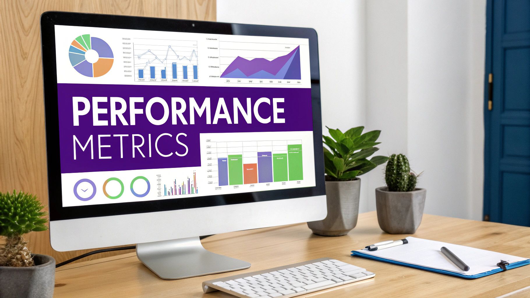 Computer screen showing 'PERFORMANCE METRICS' with various charts and graphs on a wooden desk.
