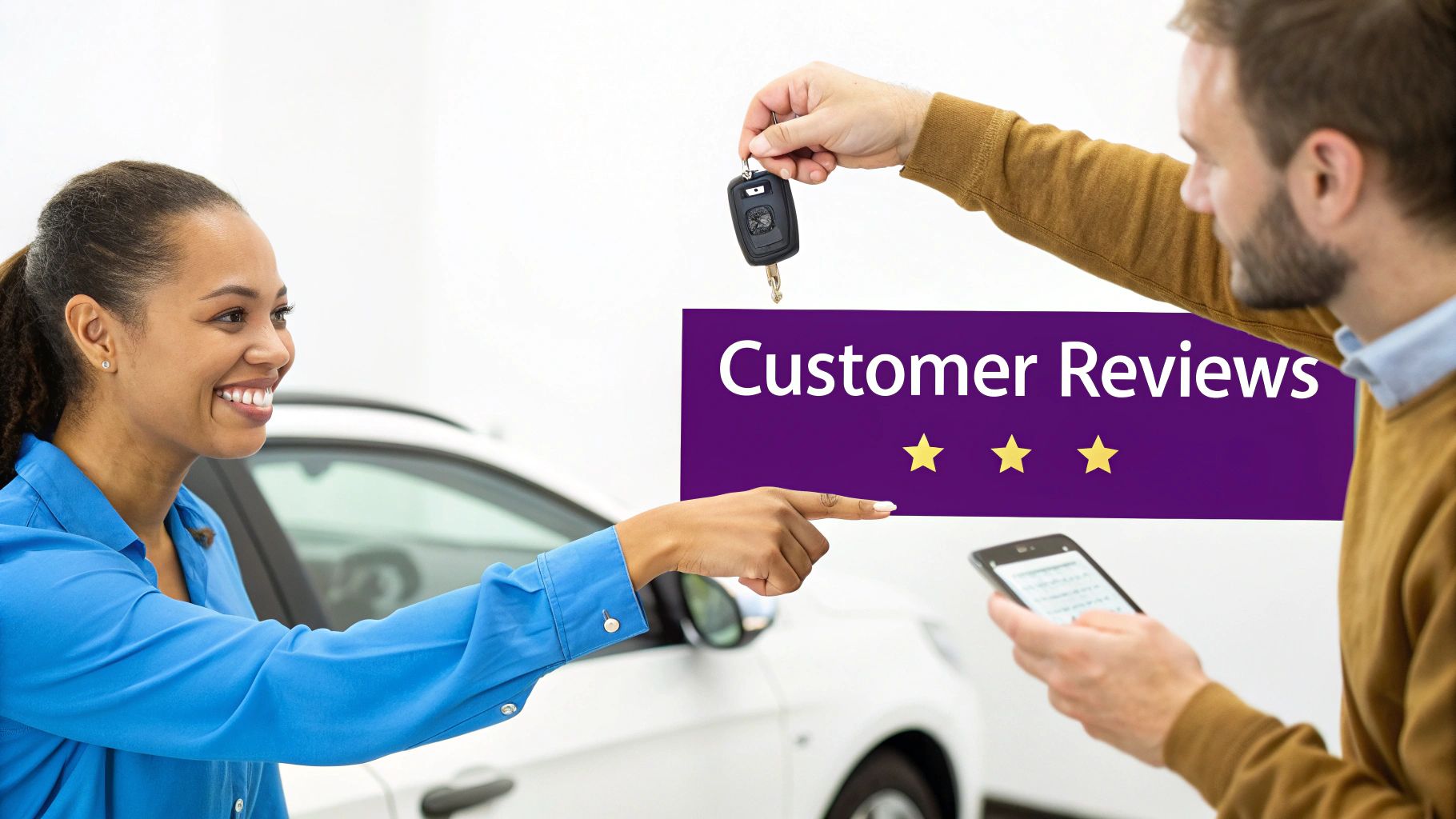 Smiling woman points to 'Customer Reviews' banner with three stars, man holds car keys.