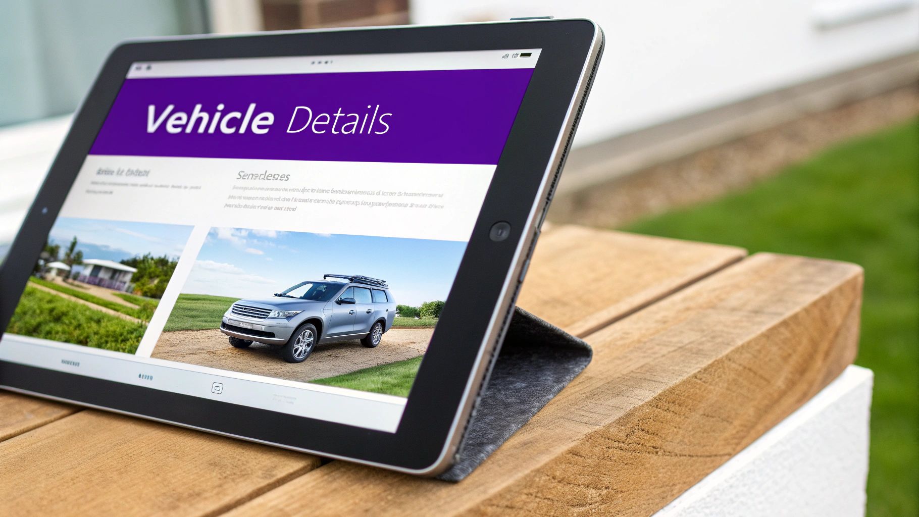 A tablet on a wooden table displays a "Vehicle Details" webpage with a silver SUV image.