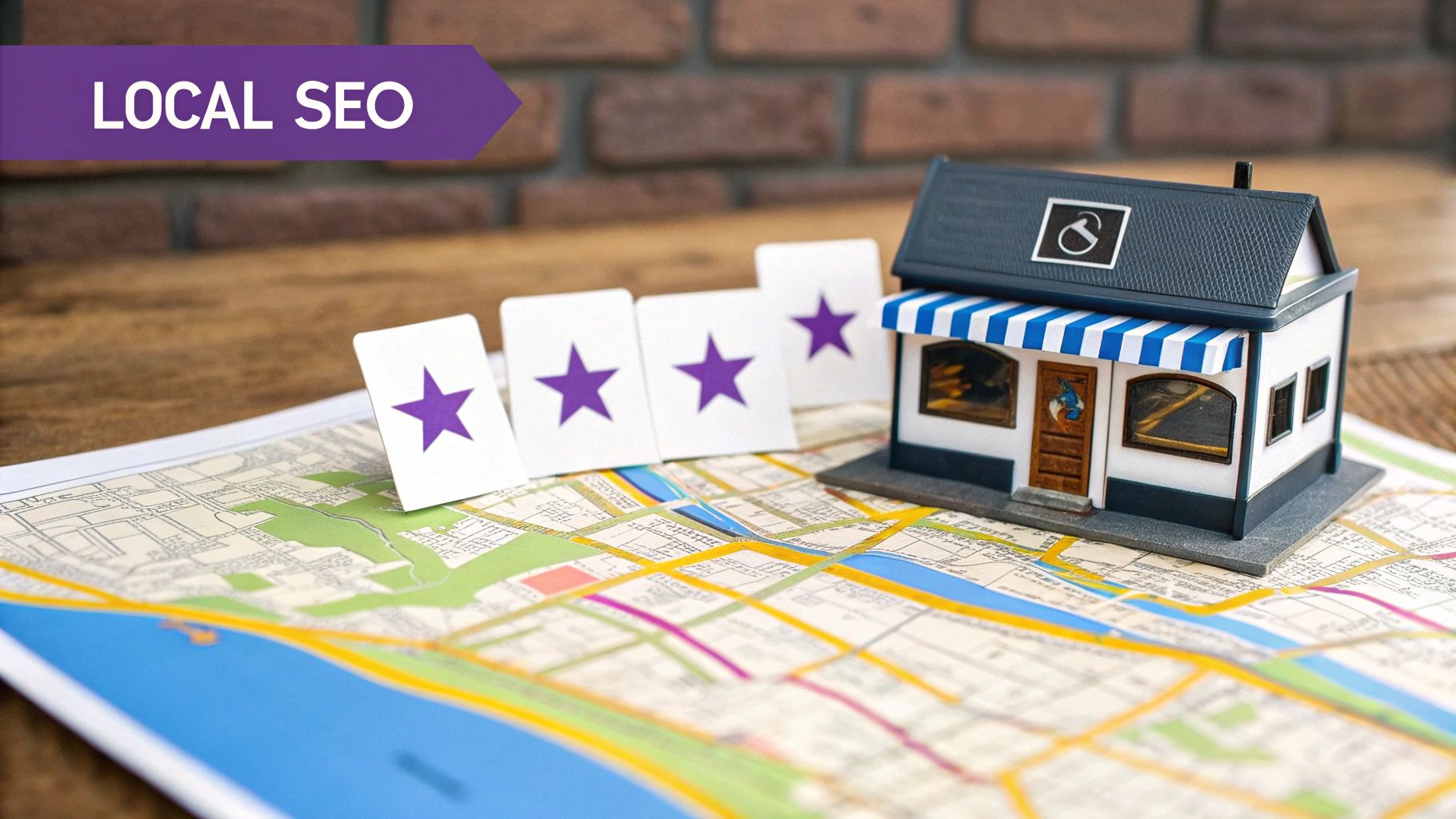 Miniature business, map, and star ratings illustrating local SEO strategies for small businesses.
