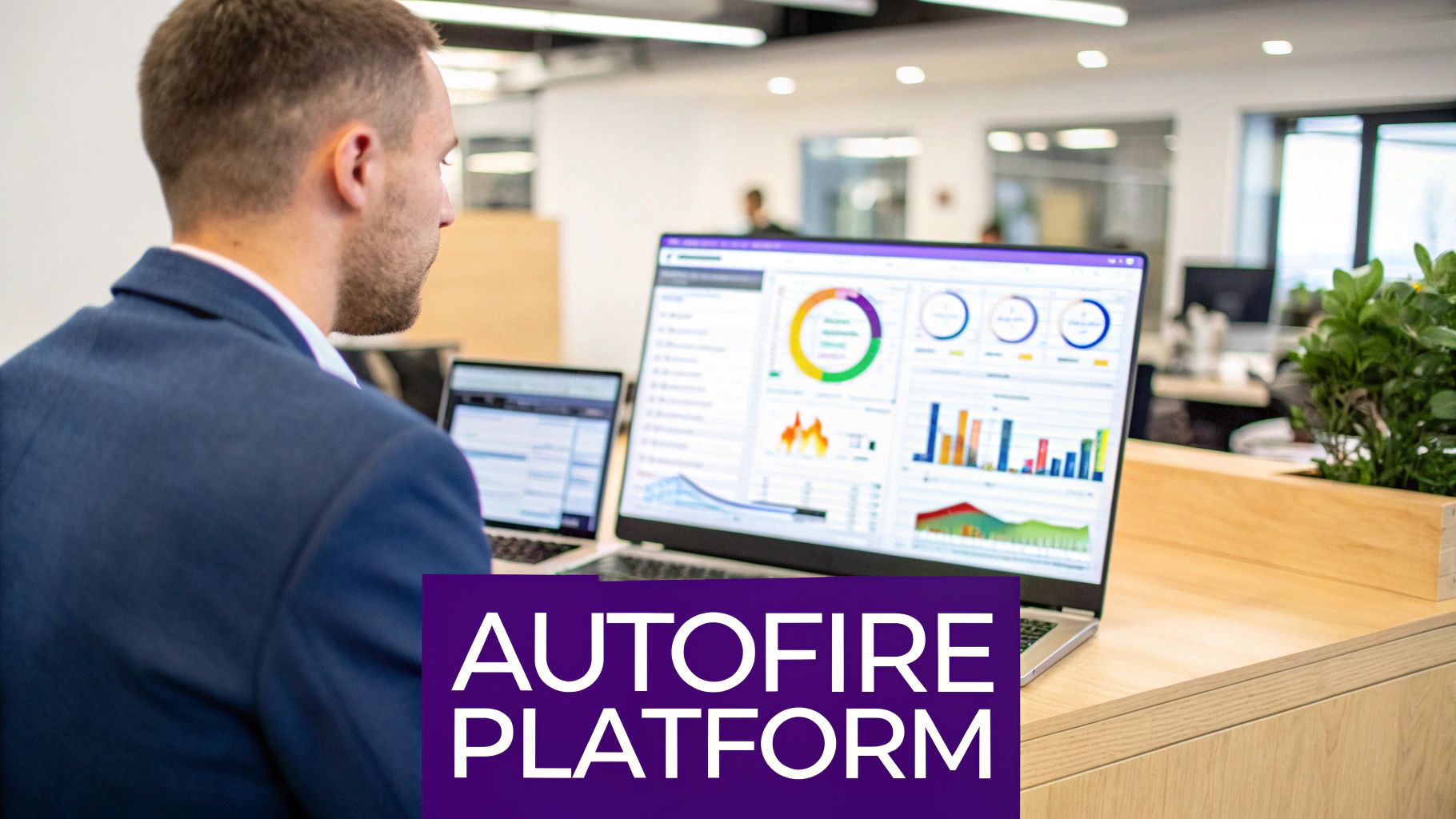 A man in a suit views two laptops showing data dashboards and charts in an office environment, featuring 'AUTOFIRE PLATFORM'.