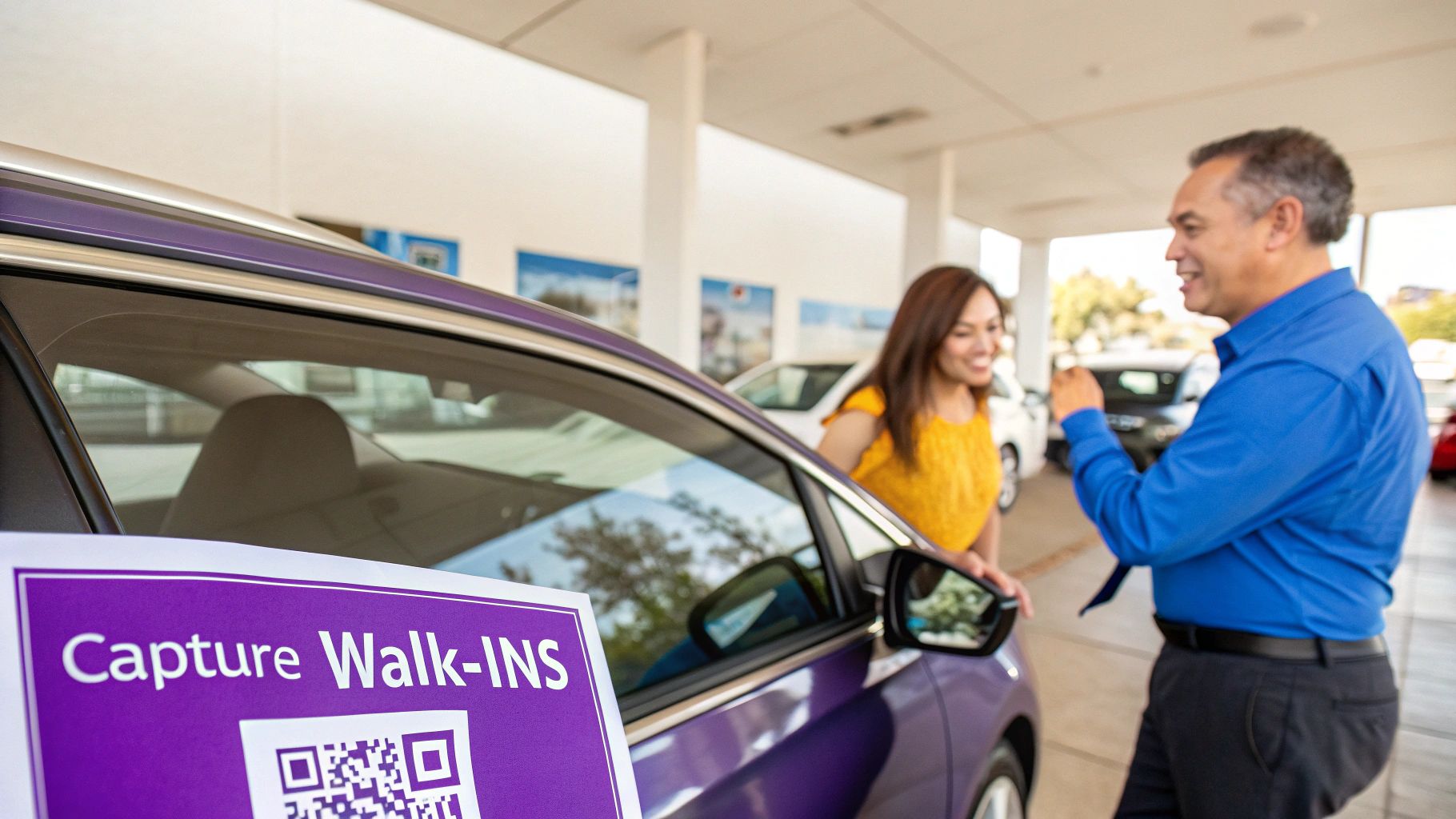 Car salesperson talks to a female customer next to a purple car with a QR code sign.