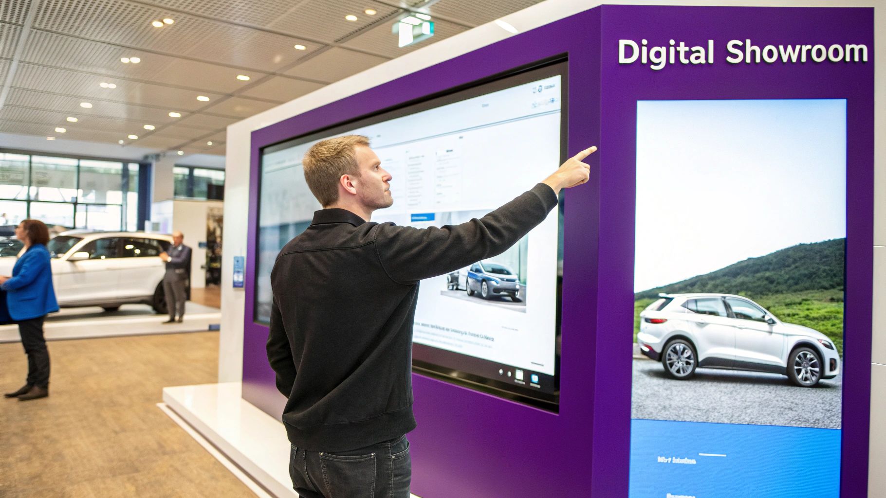 Man interacts with a large digital screen displaying cars in a modern car dealership showroom.