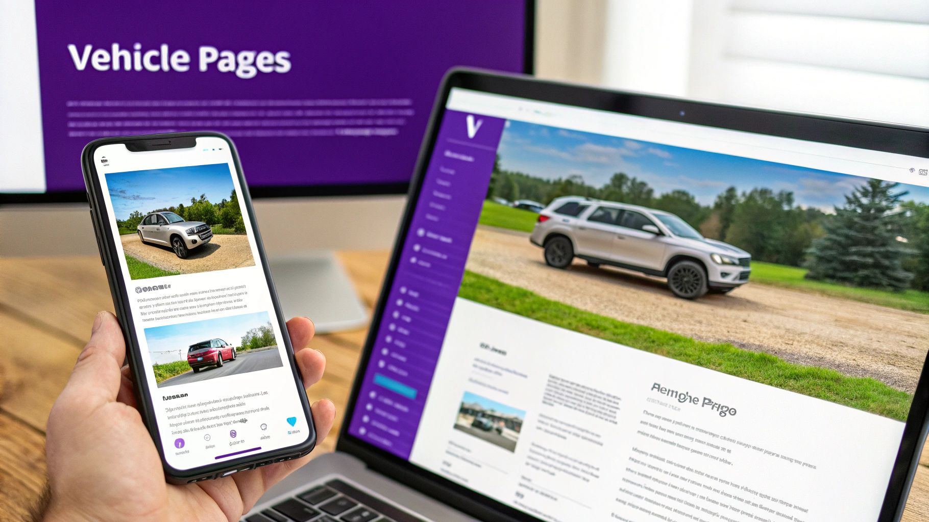 A person views vehicle pages on a smartphone, laptop, and desktop monitor, showcasing digital automotive content.