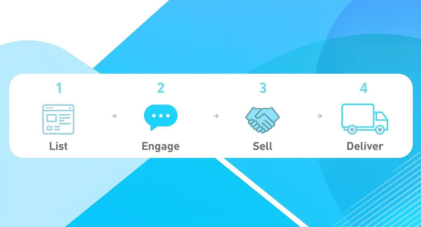 A 4-step process flow showing List, Engage, Sell, and Deliver, with corresponding icons for each stage.
