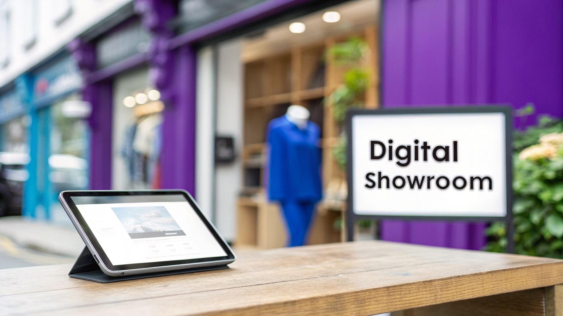 A tablet on a wooden table in front of a digital showroom with a purple store facade.