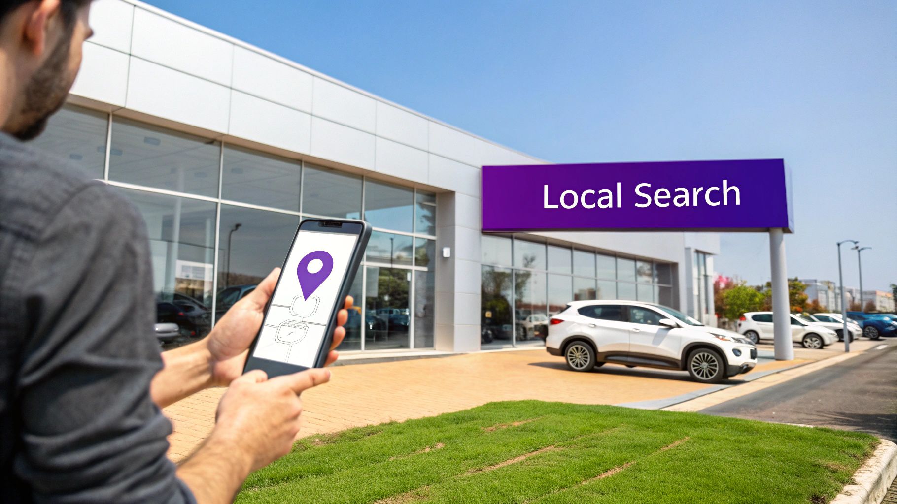 A person holds a smartphone displaying a location pin, standing outside a car dealership with a "Local Search" sign.