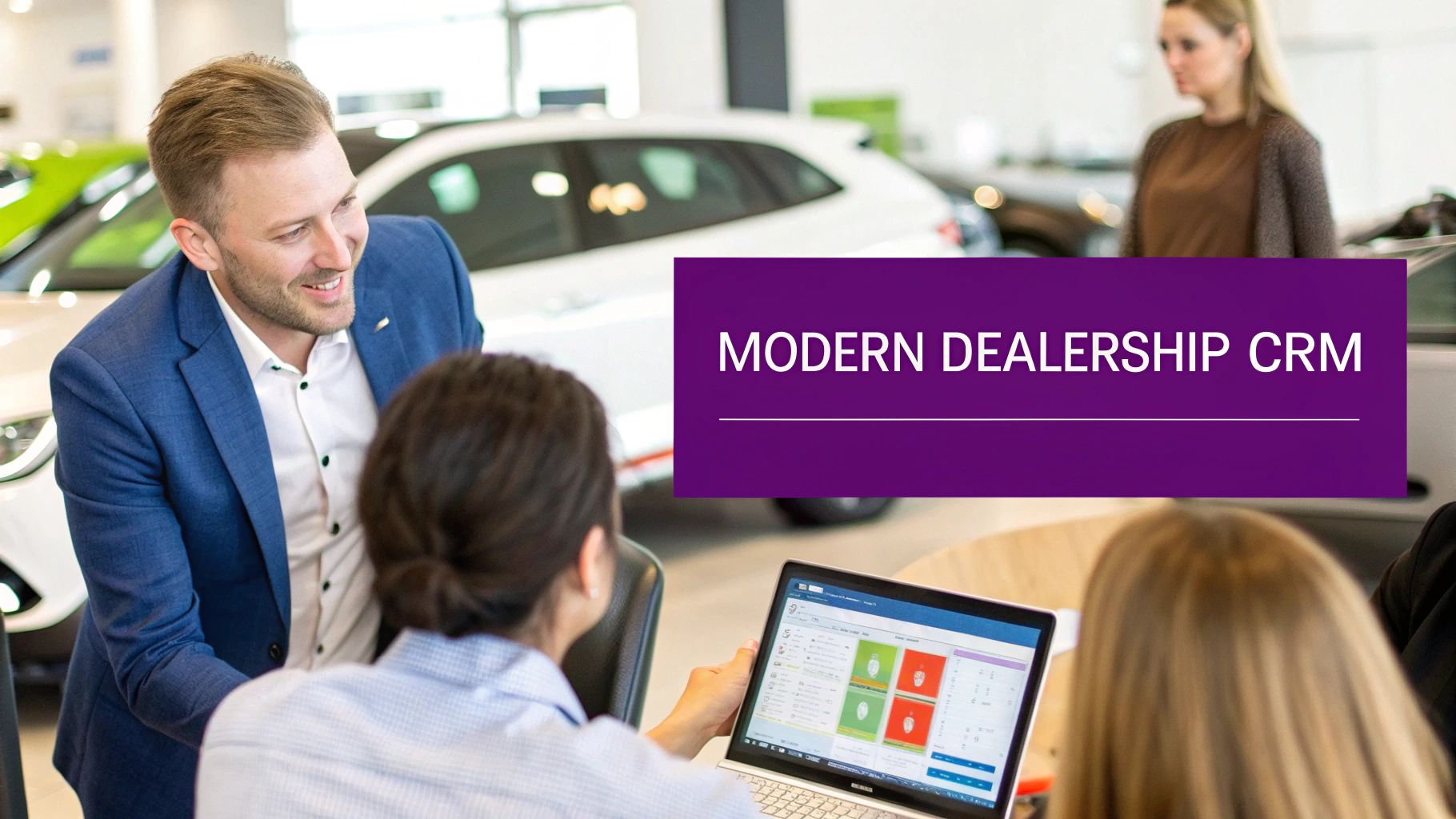 Salesperson and customer discussing a modern dealership CRM on a laptop in a car showroom.