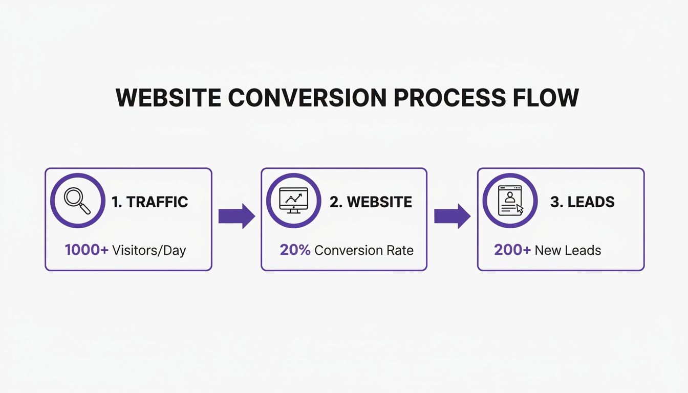A website conversion process flow showing traffic, website conversion rate, and new leads generated.