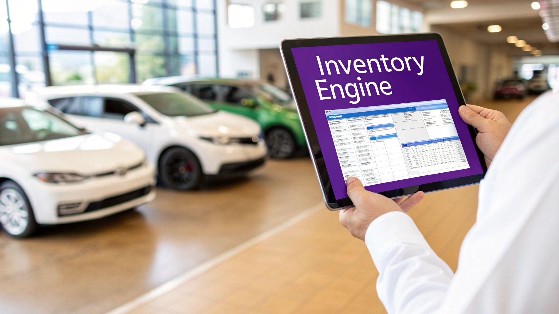 A person holds a tablet displaying 'Inventory Engine' software in an auto dealership showroom.