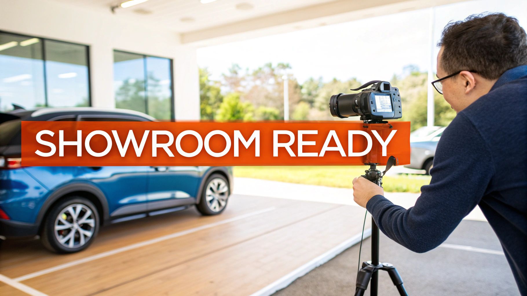 A man films a blue car on display with a professional camera on a tripod, displaying a "SHOWROOM READY" banner.