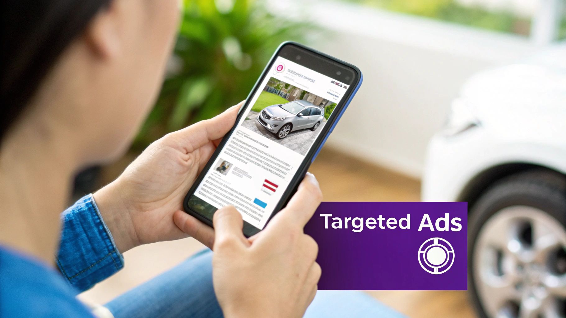 A person views a targeted ad for a silver car on a smartphone, illustrating digital automotive marketing.