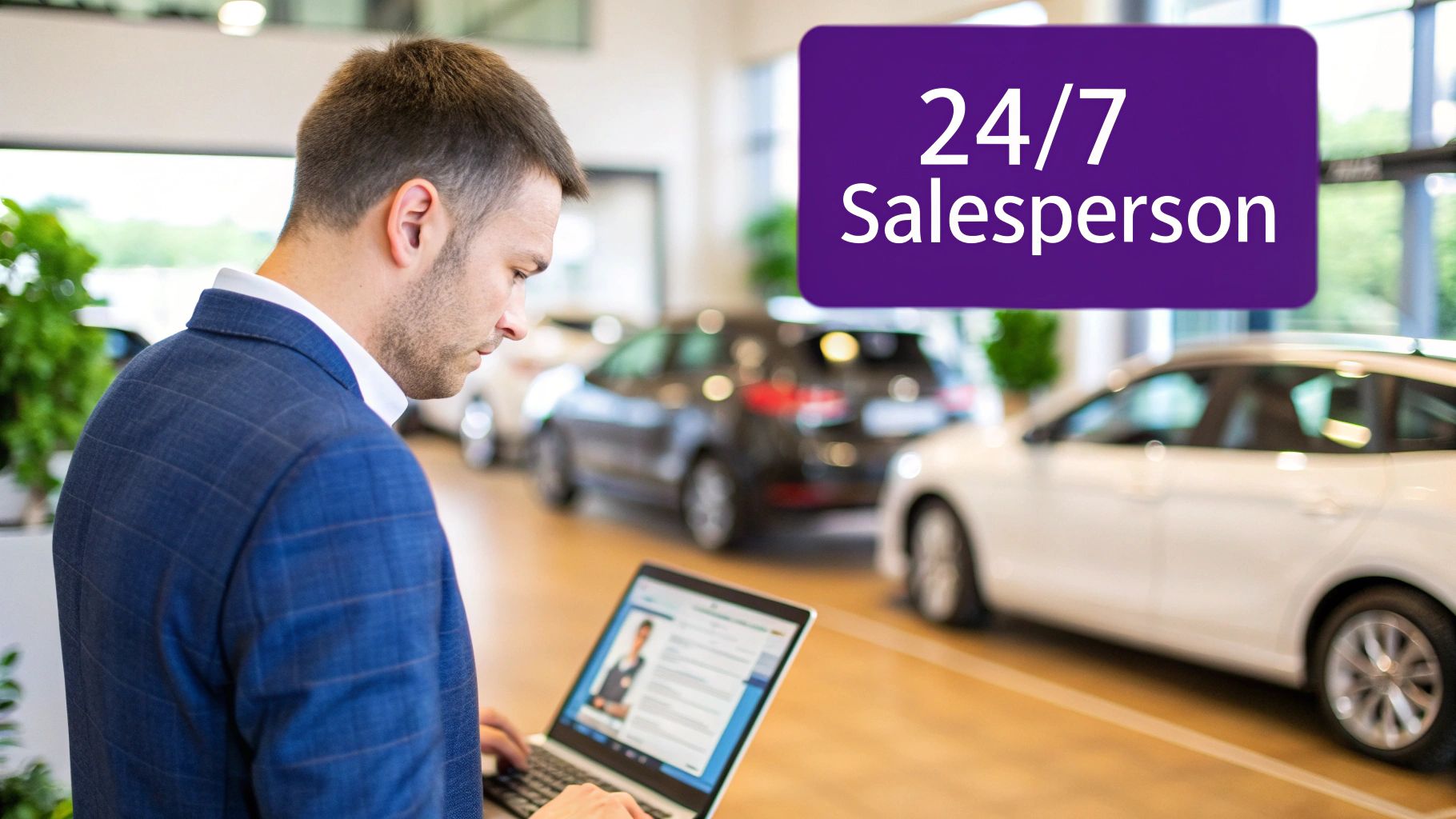 A man in a plaid suit uses a laptop in a car showroom with a '24/7 Salesperson' overlay.
