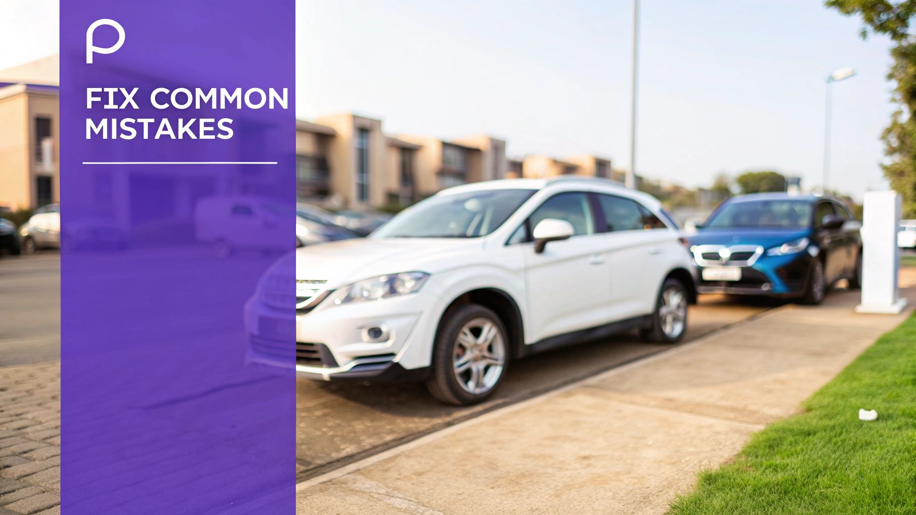 Purple graphic overlay with 'FIX COMMON MISTAKES' text and a 'p' logo beside blurred parked cars.