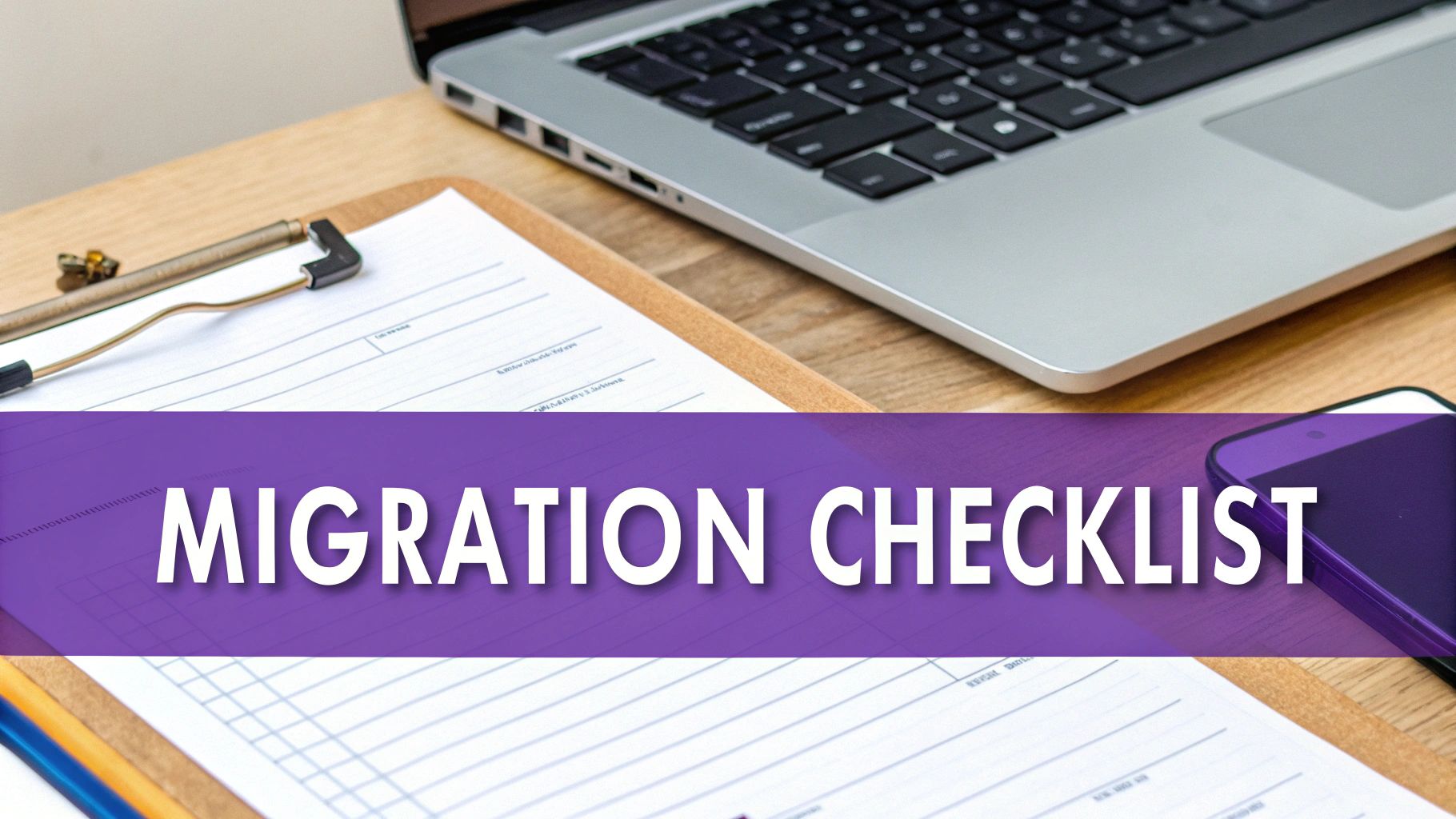A purple banner with 'MIGRATION CHECKLIST' text is overlaid on a desk with a laptop, clipboard, and smartphone.