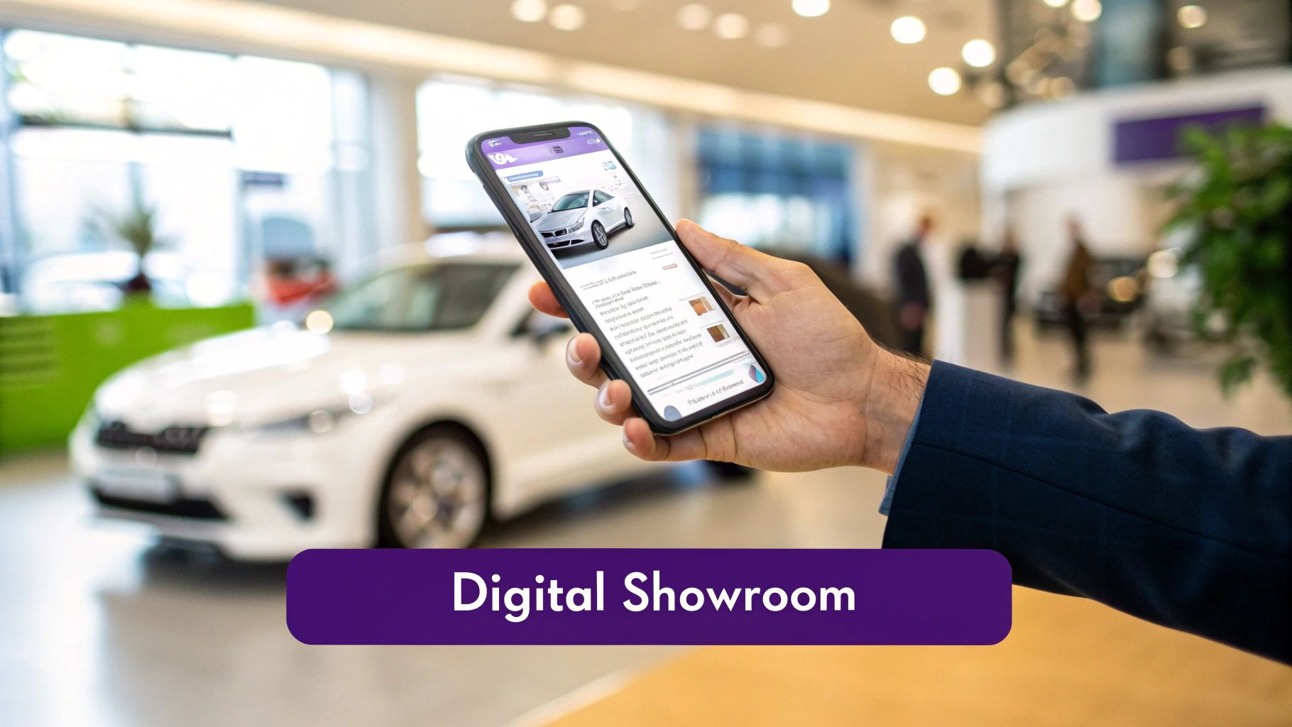 A hand holds a smartphone displaying a car on a digital showroom website inside a car dealership.