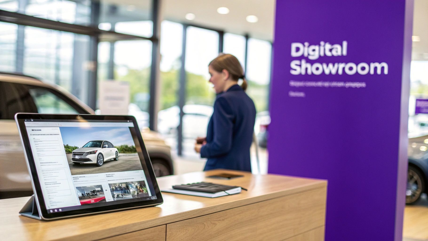 Tablet in a modern car showroom displaying car models, with a saleswoman in the background.