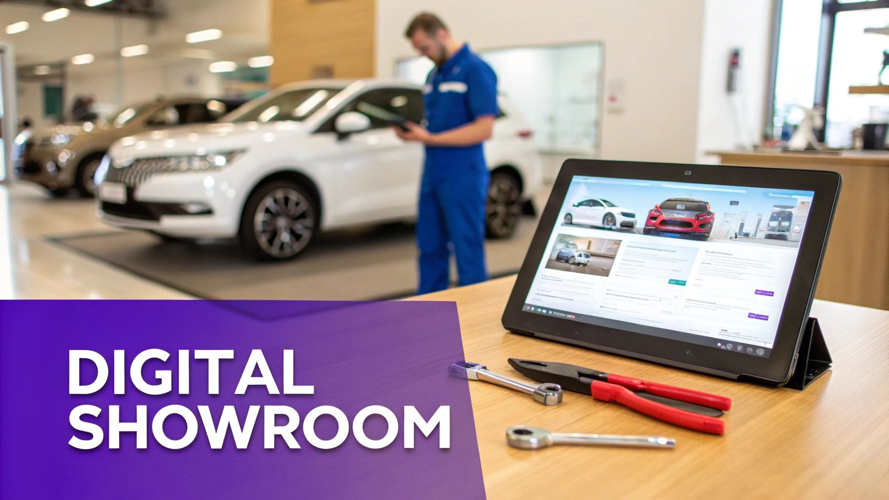 Man in a car showroom with a tablet displaying a digital showroom interface for car models and tools.