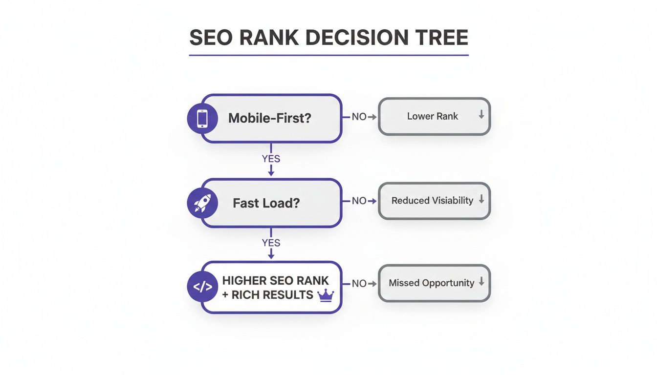 SEO Rank Decision Tree showing mobile-first design and fast loading as key factors for higher SEO and rich results.