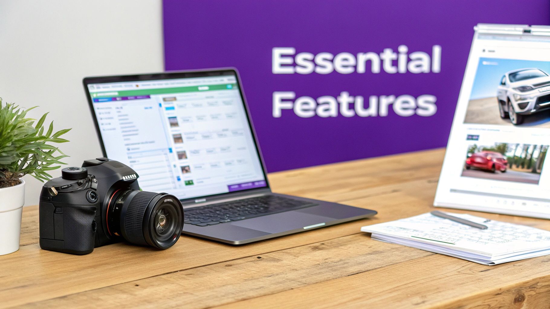 A digital camera, laptop showing car listings, and a tablet on a wooden desk with 'Essential Features' in the background.