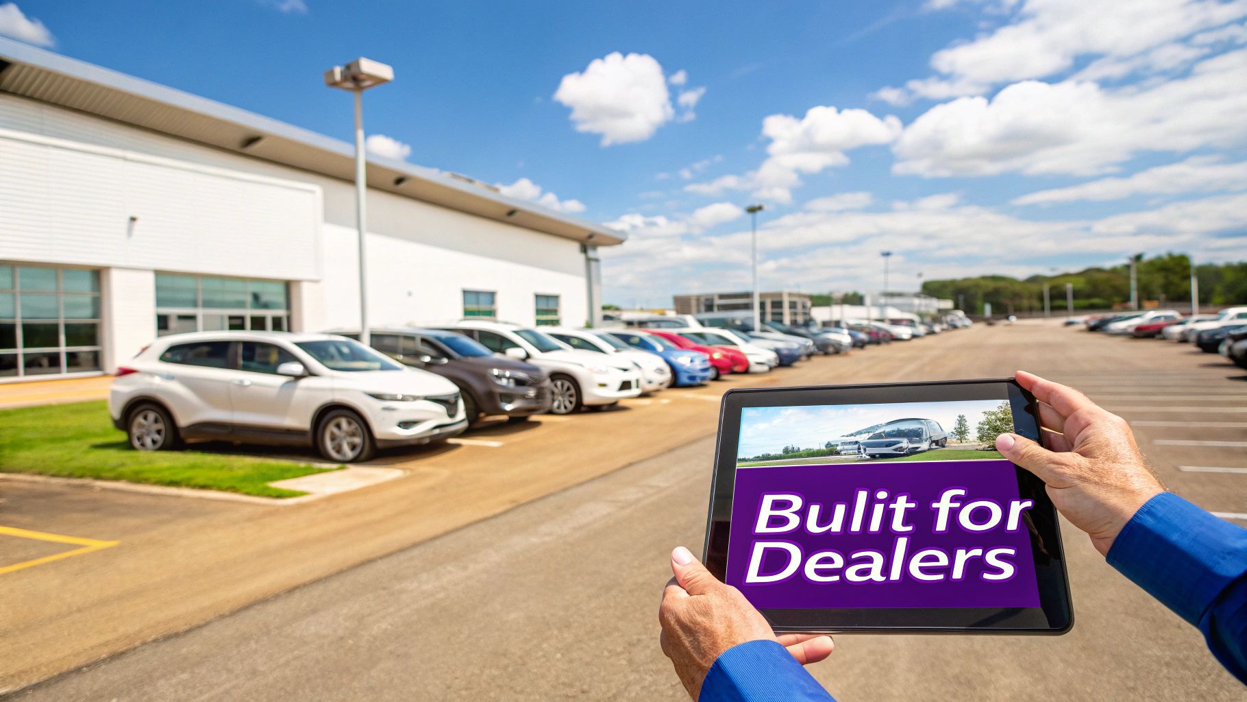 A person holds a tablet displaying "Bulit for Dealers" in a car dealership lot.