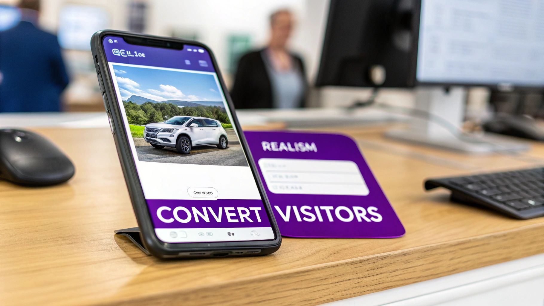A smartphone displays a white car on a website, next to a purple sign that reads 'CONVERT VISITORS'.