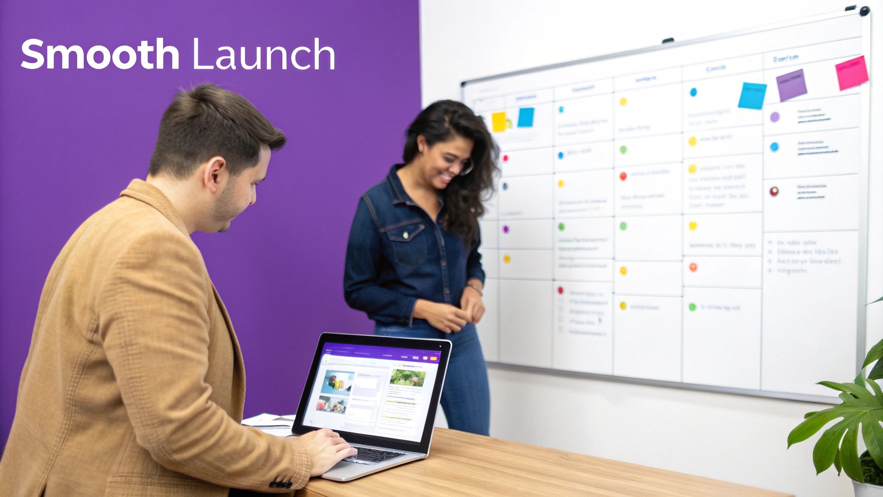 Two professionals collaborating in an office, one working on a laptop, the other by a project planning whiteboard.