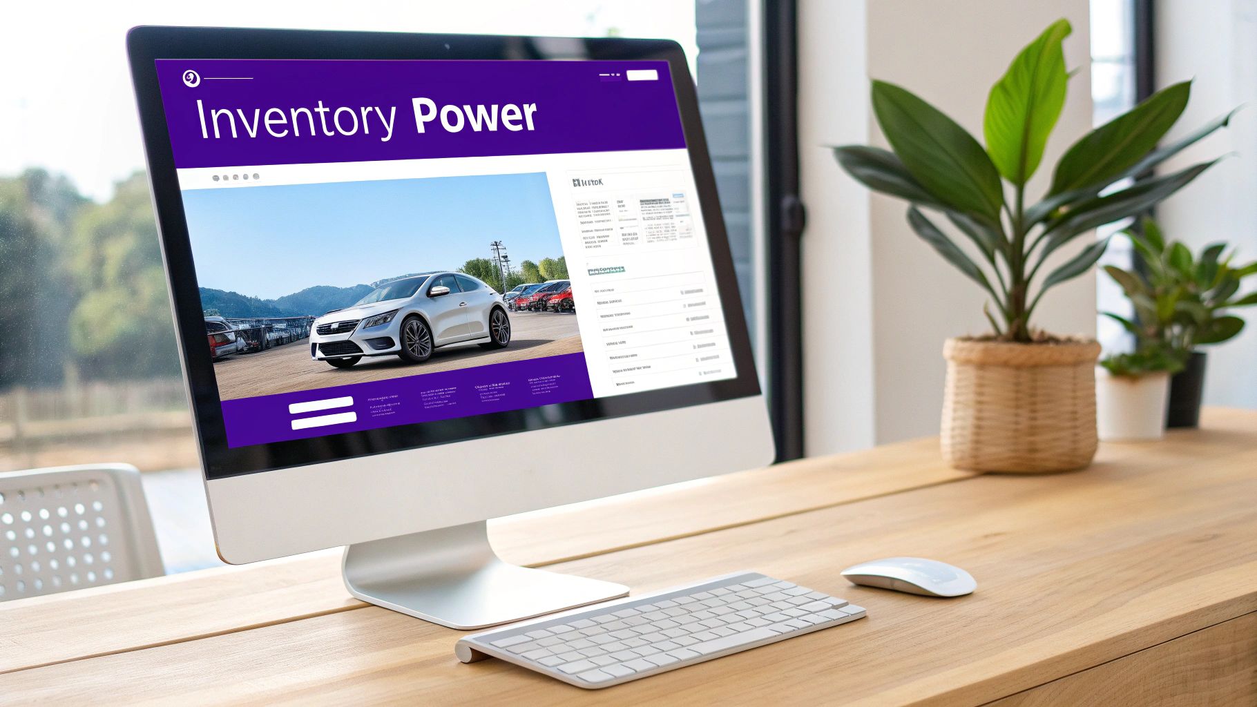 A computer monitor on a wooden desk displays an automotive inventory website featuring a silver car.