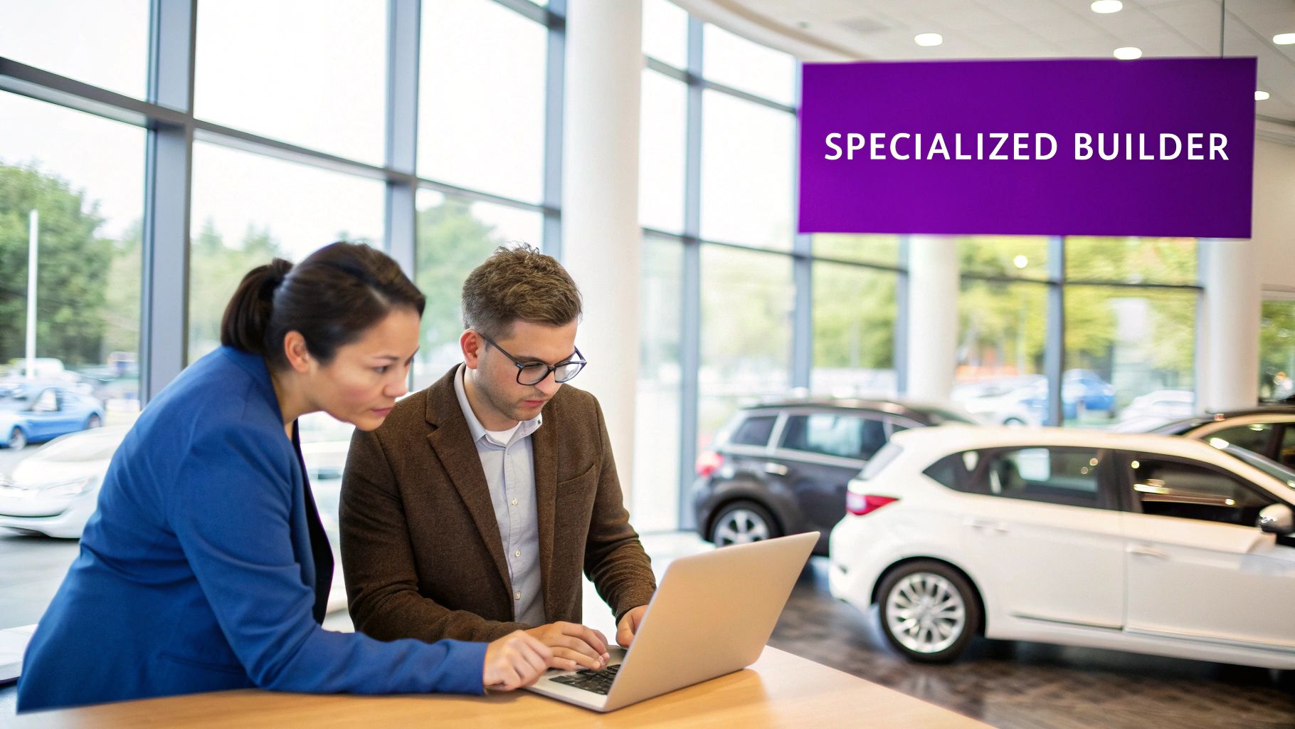 Two people using a laptop in a car dealership, with a 'Specialized Builder' sign visible.