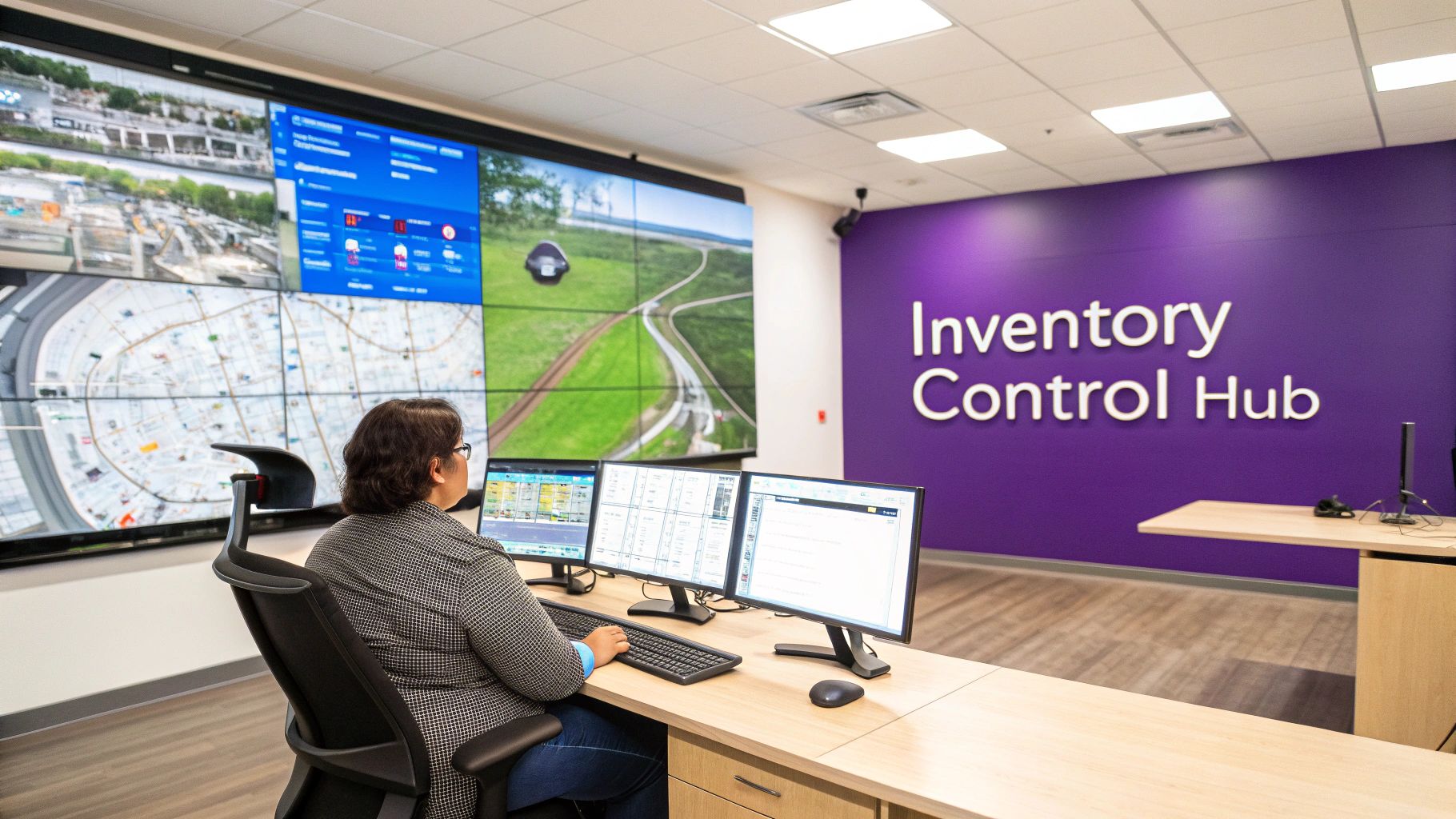 A person works at a multi-monitor desk in front of a large video wall and a wall sign 'Inventory Control Hub'.