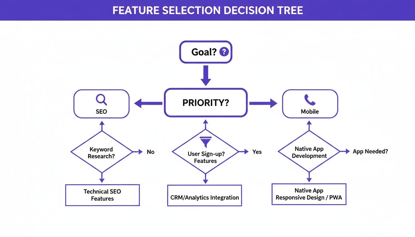 A decision tree flowchart for feature selection based on priority, covering SEO, user sign-up, and mobile development.