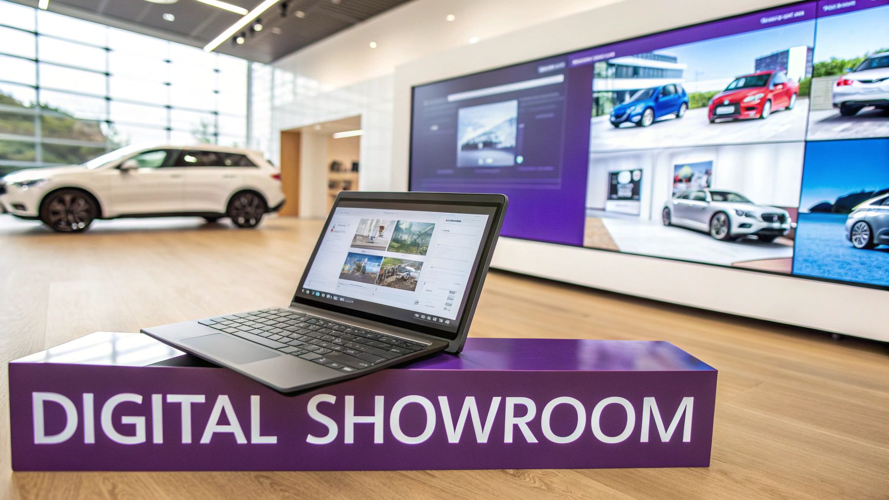Laptop on 'Digital Showroom' sign with large display showing cars in a modern car dealership.