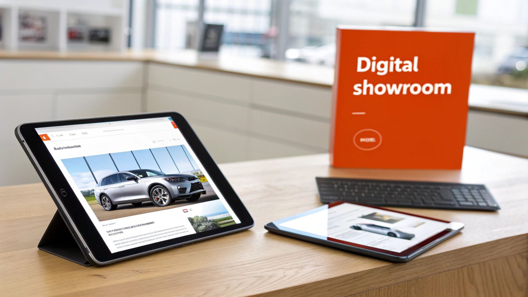 Tablets displaying cars, a 'Digital showroom' sign, and a keyboard on a wooden desk.