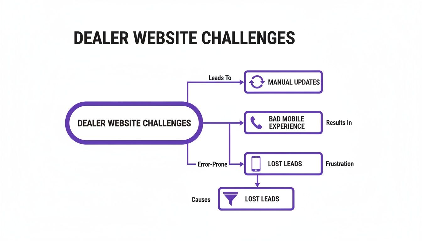 Flowchart illustrating car dealer website challenges, including manual updates, bad mobile experience, and resulting lost leads.